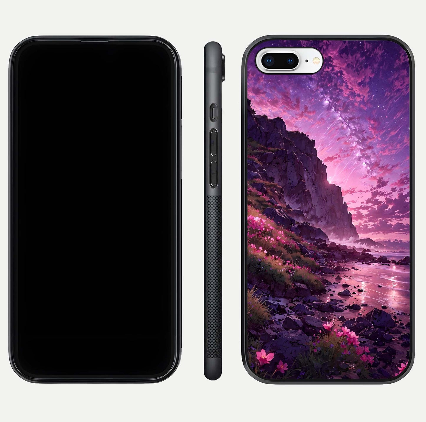 Twilight Blossom Coast Glass Case for iPhone 16 Pro front & back layout showing floral tones and curved edge