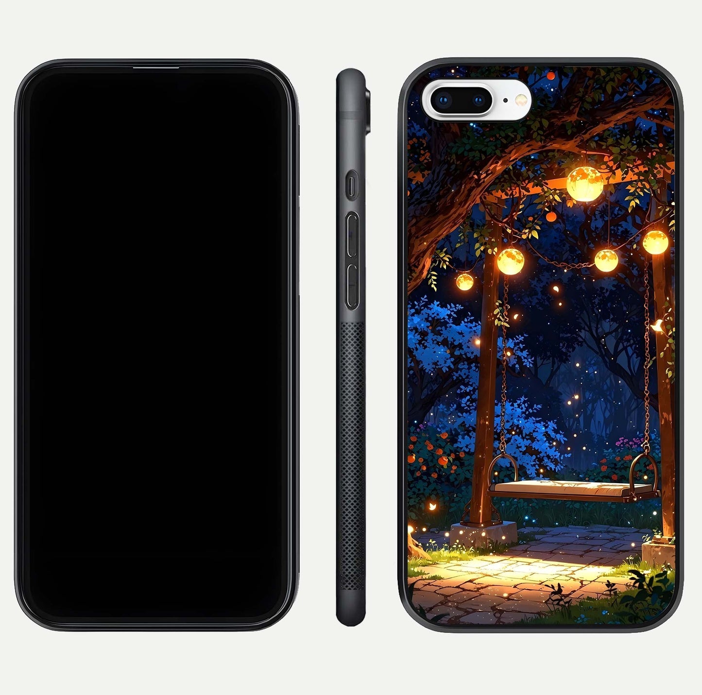 Twilight Garden Swing Glass Case for iPhone 8 Plus front & back layout showing garden art and clean edge