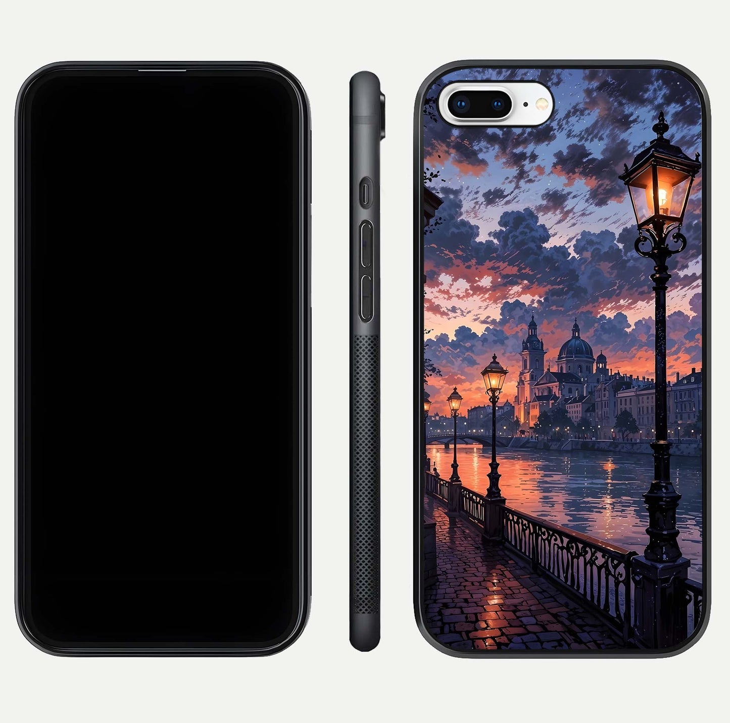 Twilight River Lights Glass Case for iPhone 8 Plus front & back layout showing scenic artwork and smooth curved edges