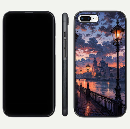 Twilight River Lights Glass Case for iPhone 8 Plus front & back layout showing scenic artwork and smooth curved edges