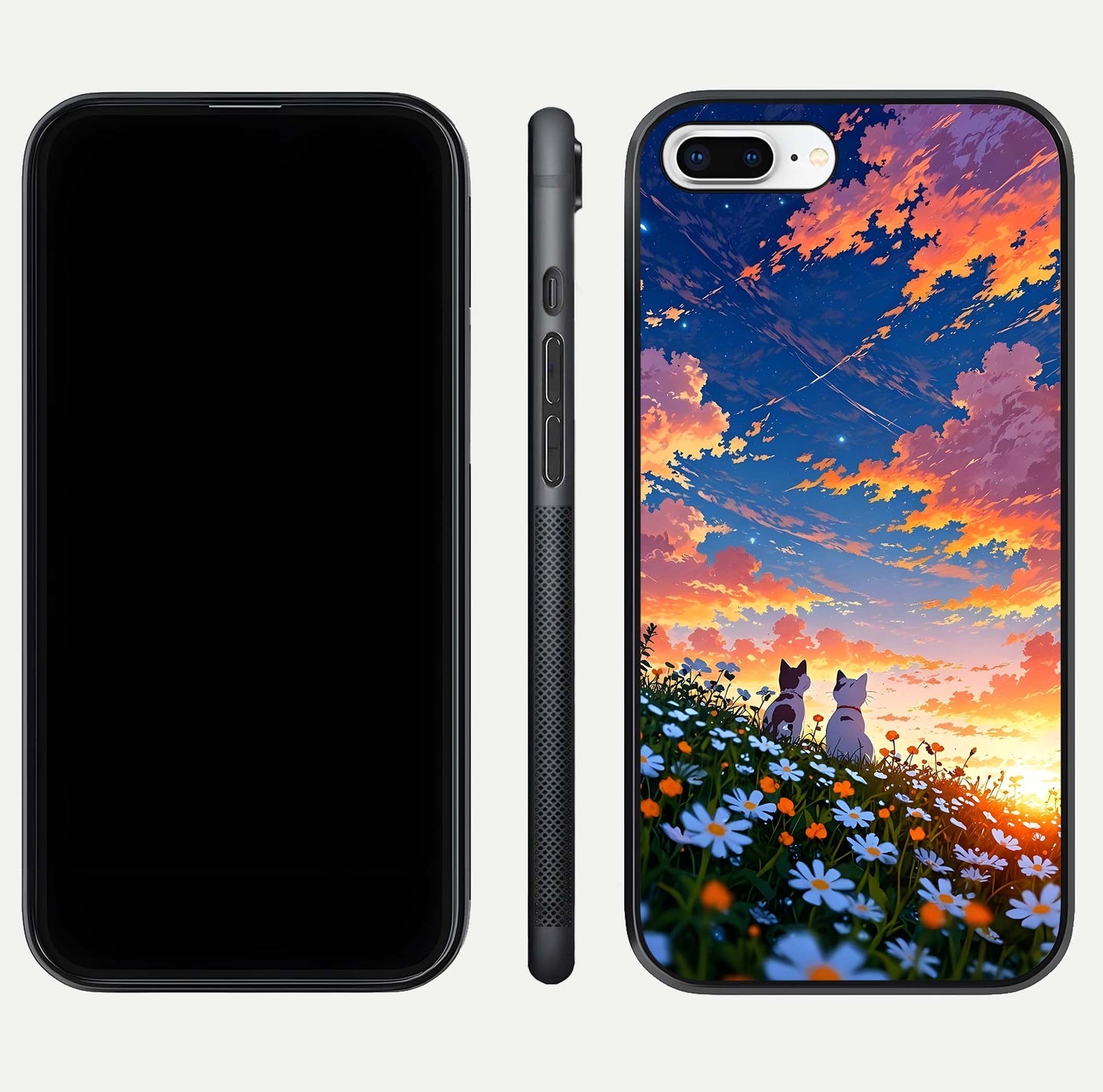 Two Cats Friends Glass Case for iPhone 16 Pro front & back layout showing friendly cat theme and edge design