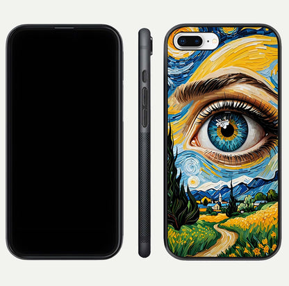 Van Gogh Eye Glass Case for iPhone 8 Plus front & back layout showing brushstroke detail and smooth finish
