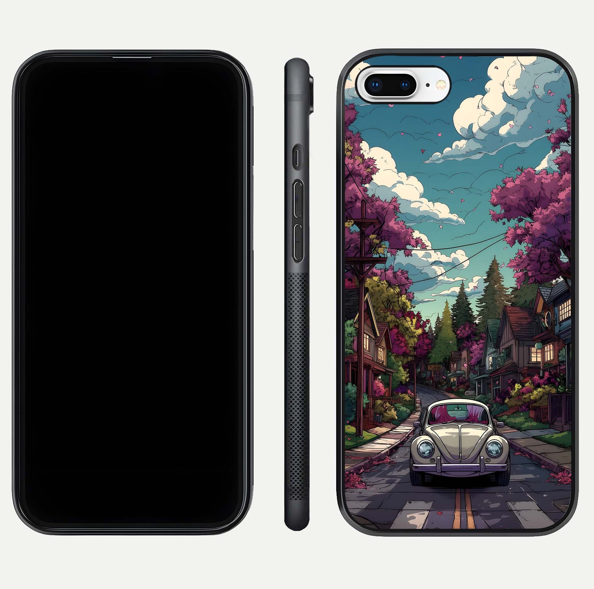 Vintage Street Drive Glass Case for iPhone 8 Plus front & back layout showing retro street scene and edges