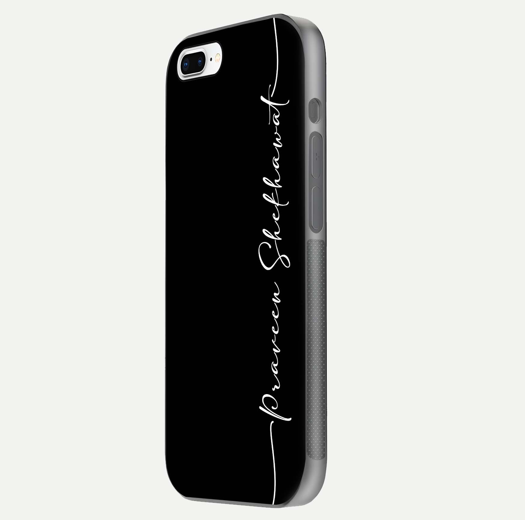 Black Tune Custom Name Glass Case for iPhone 8 Plus side-angle photo showing mirror-like surface and slim profile