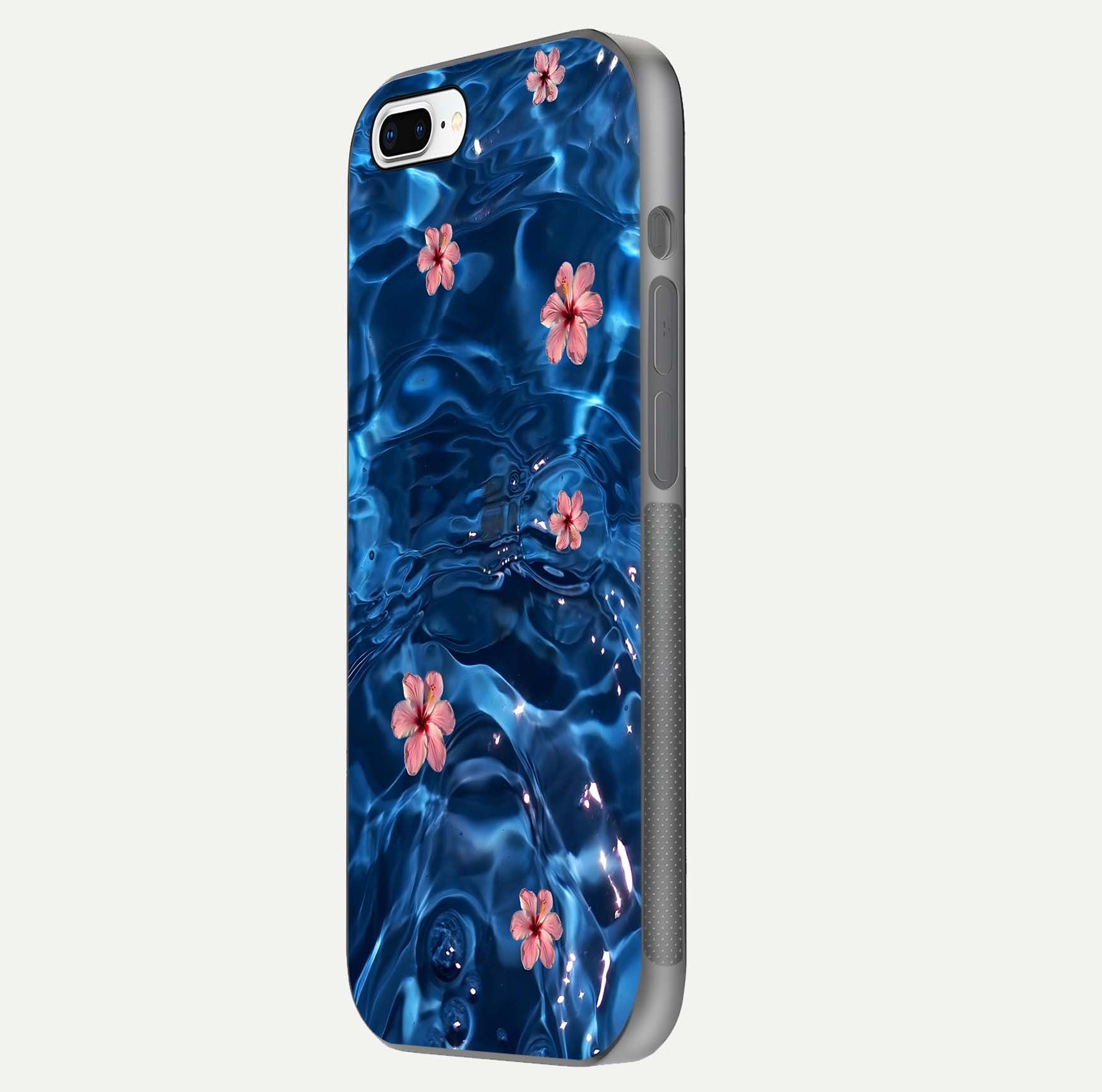 Blooming Water Drift Glass Case for iPhone 8 Plus side-angle image showcasing blossom flow, curved corners, and HD glass gloss