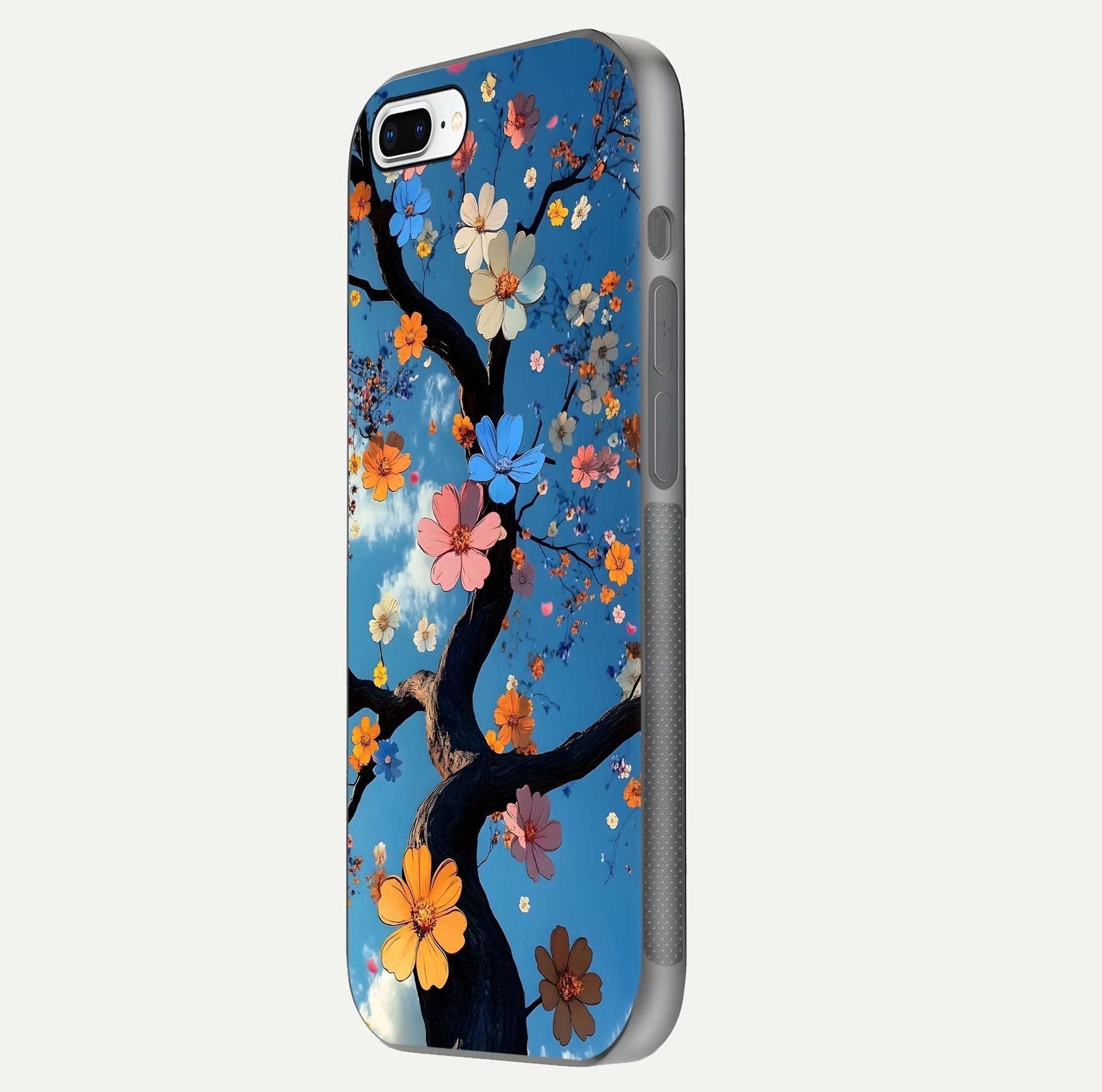 Blossom Dream Sky Glass Case for iPhone 16 Pro side-angle photo showing flower details, edge curve, and reflection shine