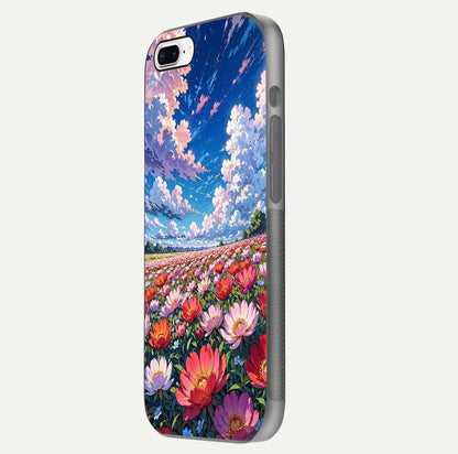 Blossom Sky Field Glass Case for iPhone 8 Plus side-angle showing sky hues, blossom texture, and reflective shine