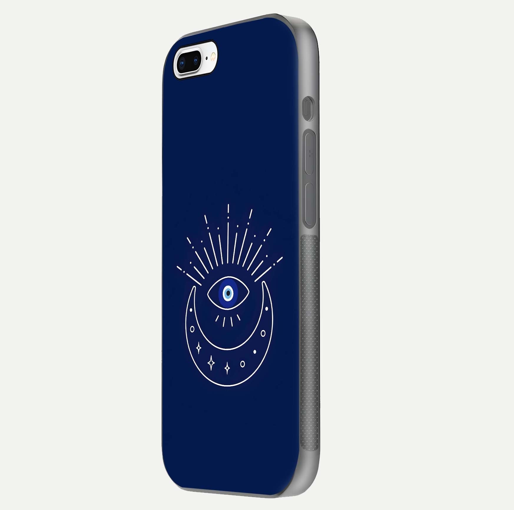 Blue Evil Eye Glass Case for iPhone 8 Plus side-angle view showing edge glow, color balance, and reflective surface