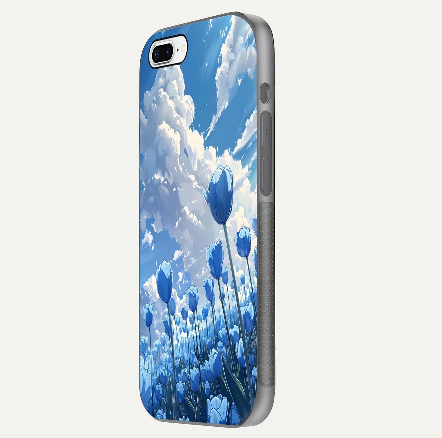 Blue Tulip Clouds Glass Case for iPhone 8 Plus side-angle image showing edge curve and flower reflection glow