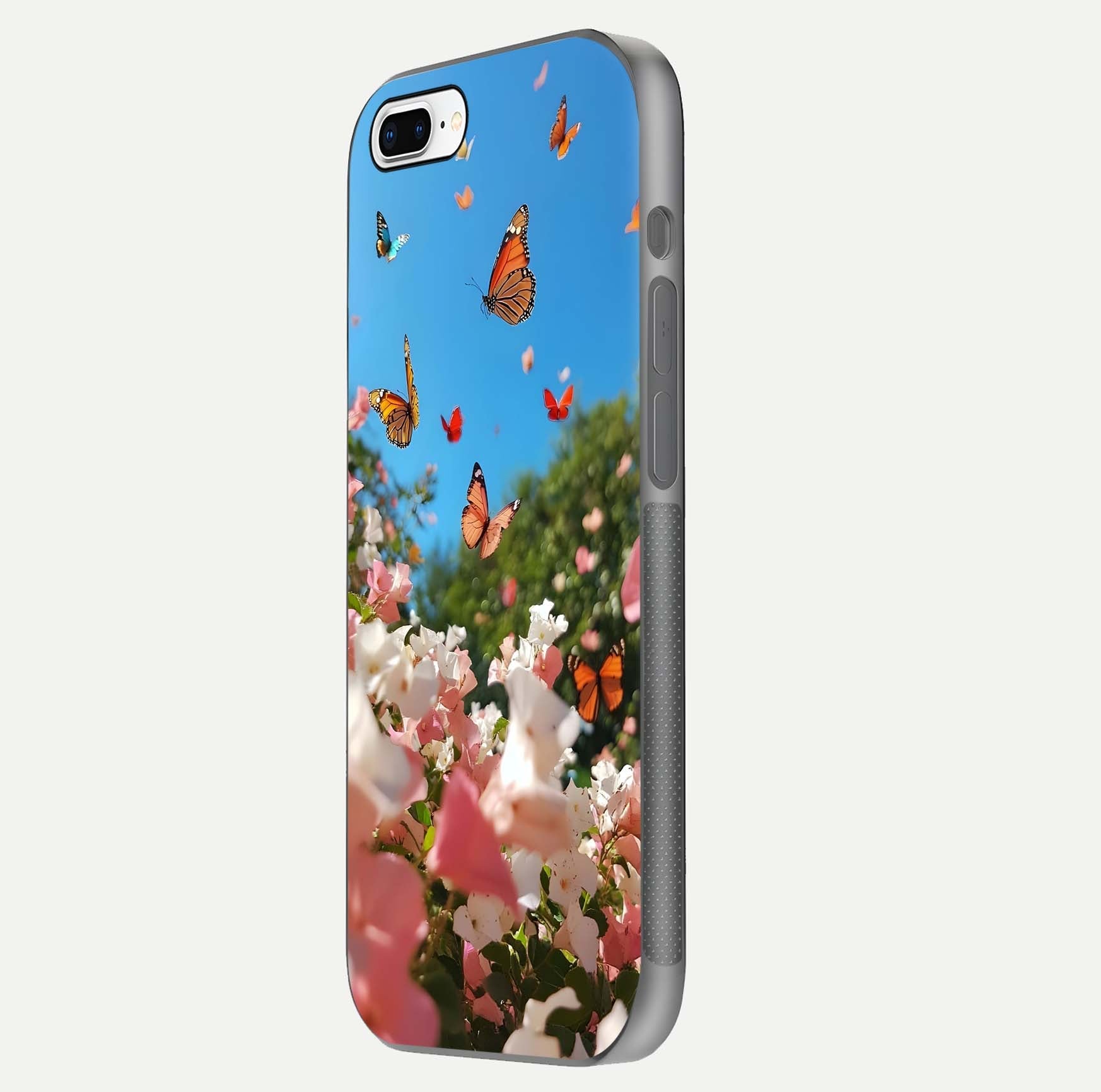 Butterflies in Bloom Sky Glass Case for iPhone 8 Plus side-angle image showing delicate details and gloss polish