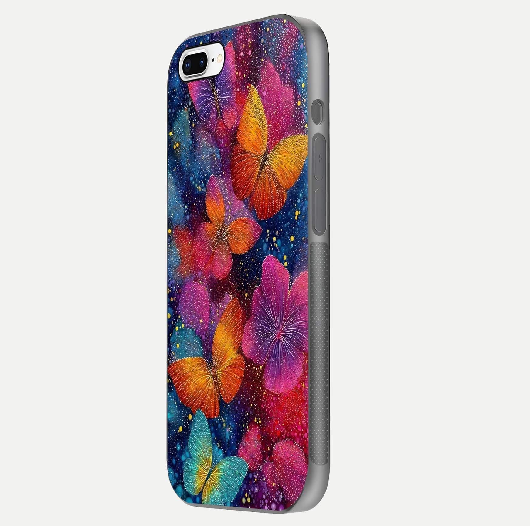 Butterfly Dream Mist Glass Case for iPhone 8 Plus side-angle image showing soft gradient and reflective glow