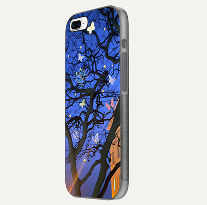 Butterfly Night Magic Glass Case for iPhone 8 Plus side-angle view capturing butterfly contrast and glossy depth