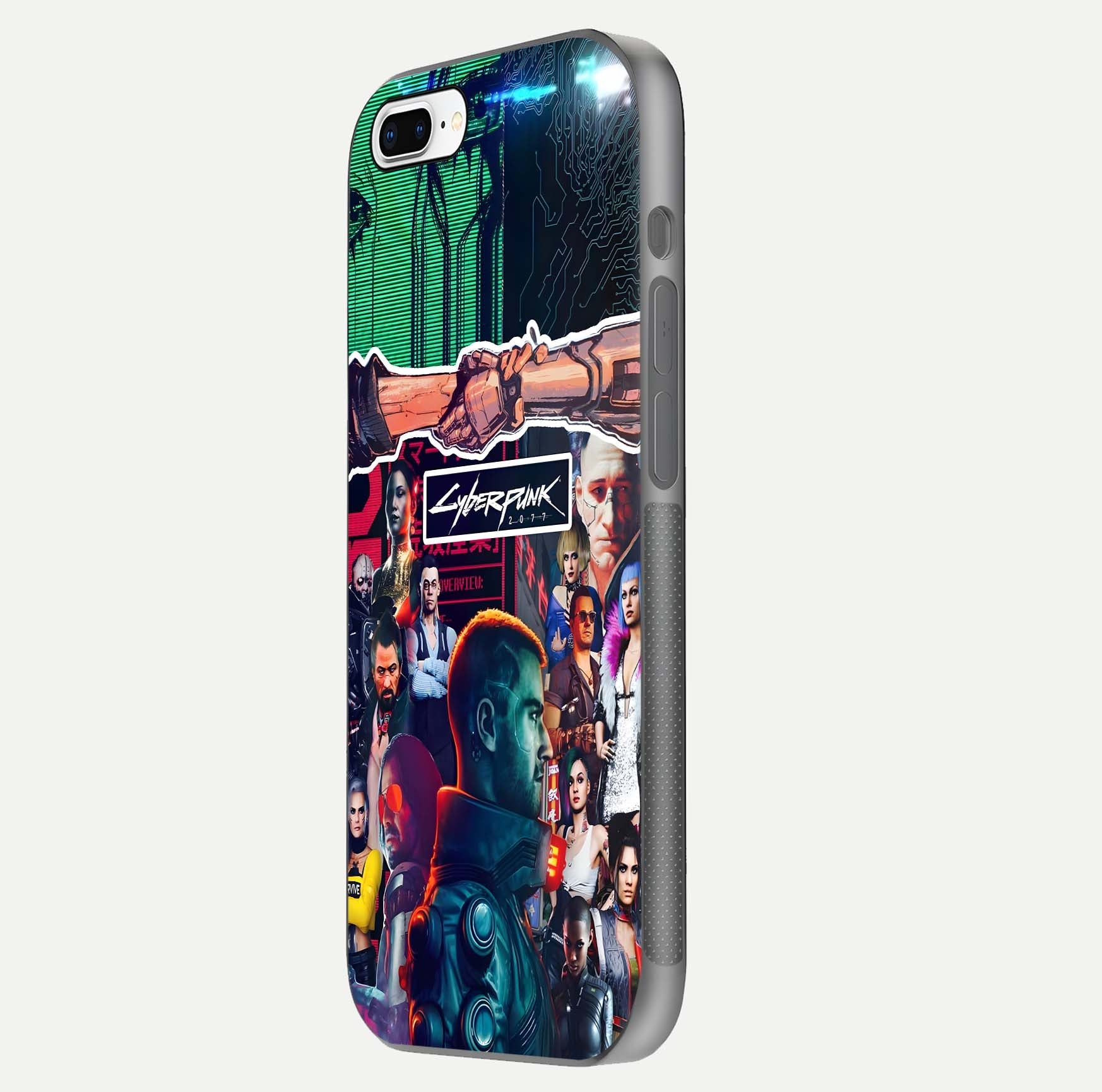 CYBERPUNK Legacy Glass Case for iPhone 8 Plus side-angle photo showing edge glow and reflective surface