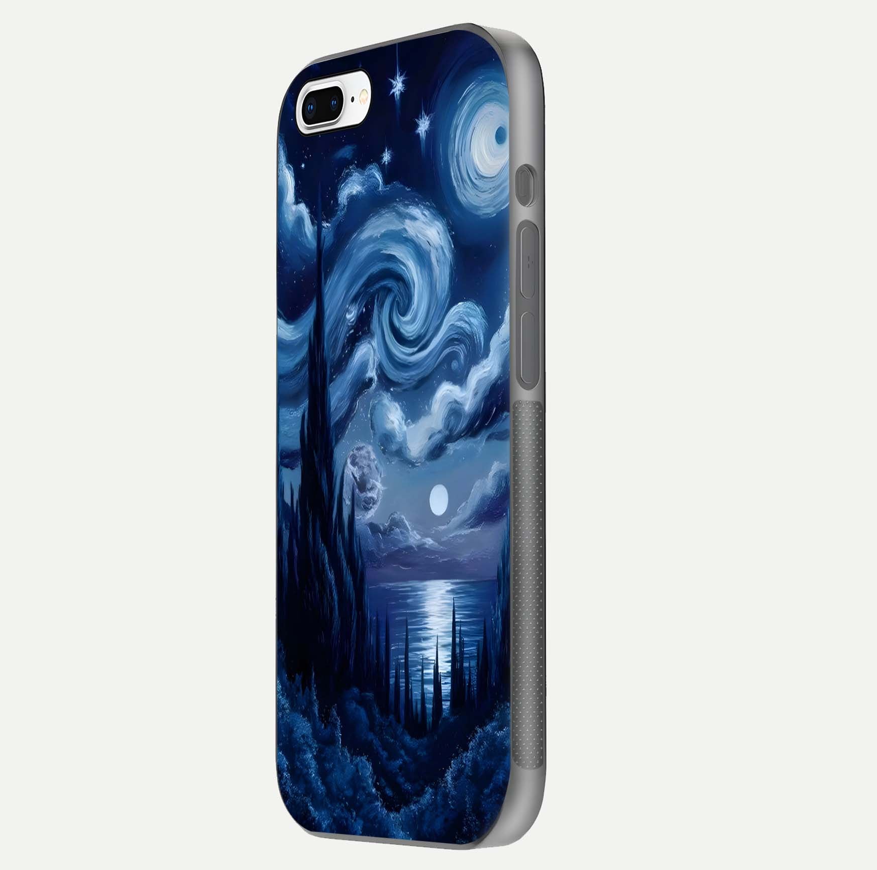Celestial Dream Van Gogh Glass Case for iPhone 8 Plus side-angle photo showing depth swirl design and curved reflection