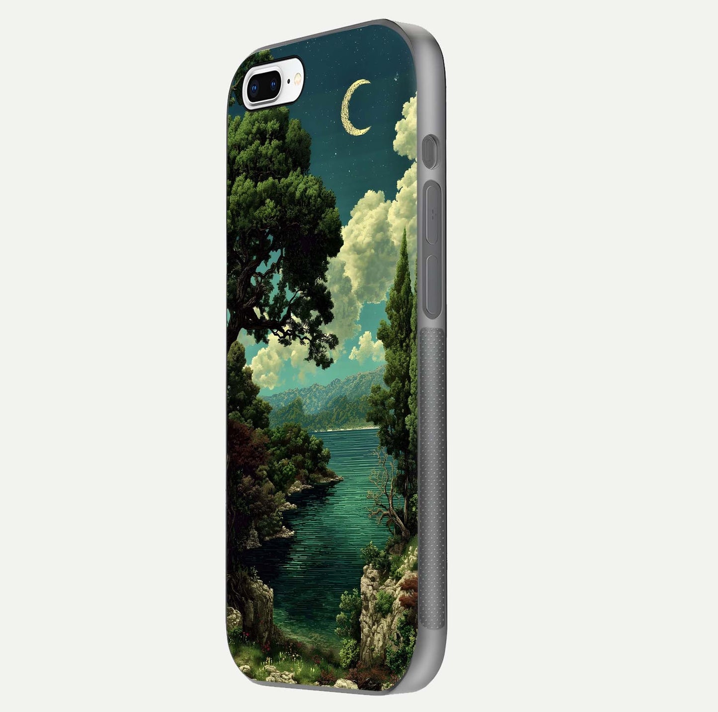 Celestial Lake Peace Glass Case for iPhone 8 Plus side-angle image displaying reflective glow and gentle edges