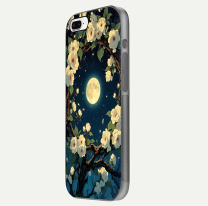Celestial Moon & Flower Glass Case for iPhone 8 Plus side-angle image showing edge smoothness and glow reflection