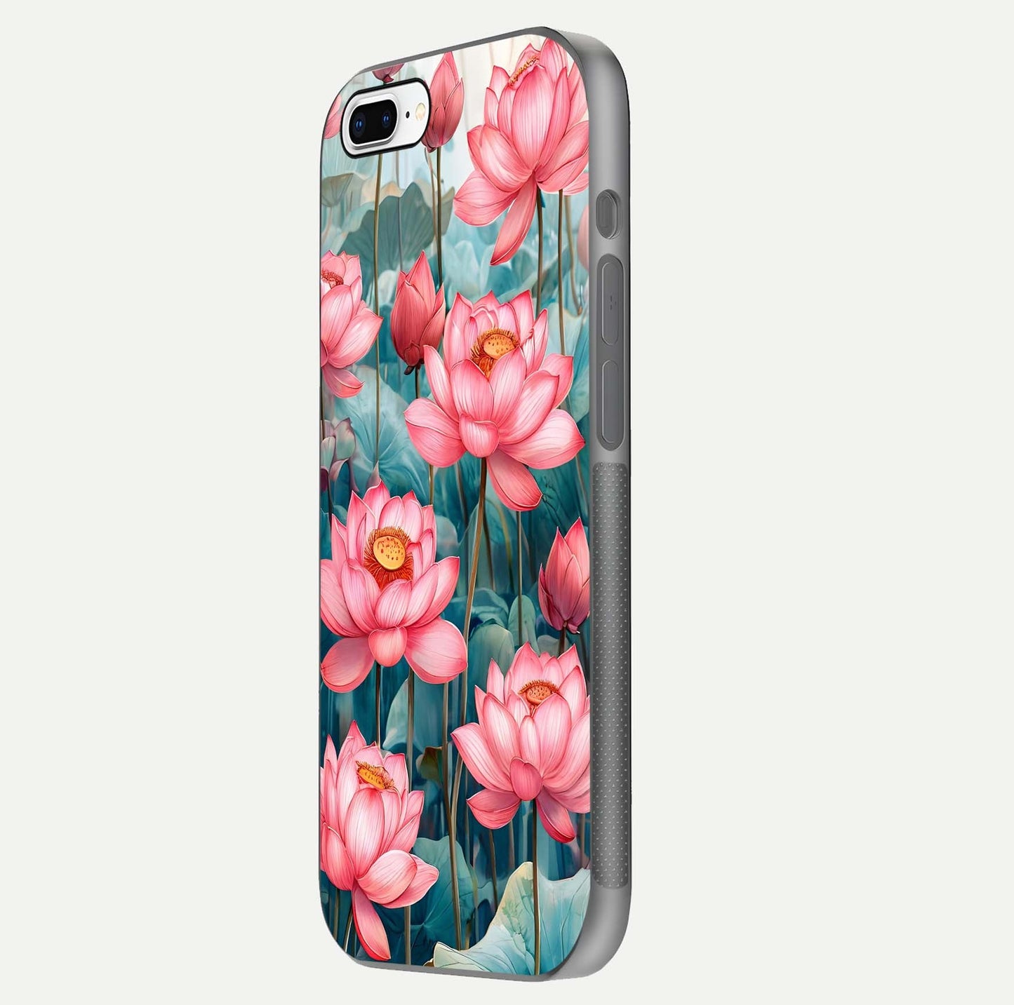 Celestial Pink Lotus Glass Case for iPhone 8 Plus side-angle image showing reflective shine and petal curve