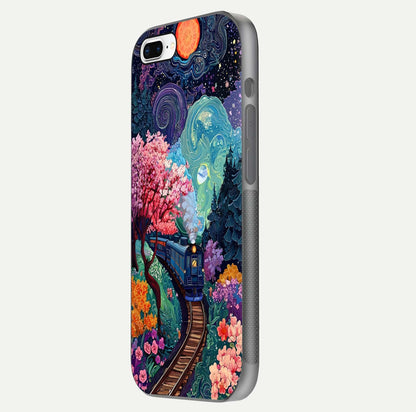 Celestial Train Journey Glass Case for iPhone 8 Plus side-angle image showing polished curve and HD print detail