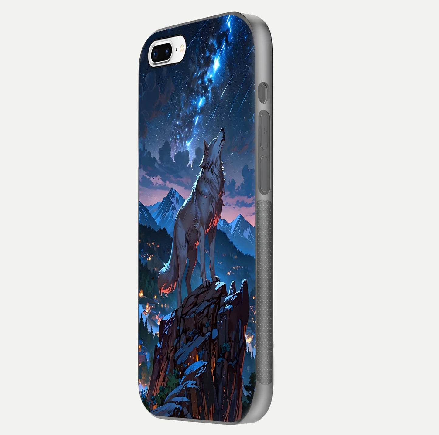 Celestial Wolf Howl Glass Case for iPhone 8 Plus side-angle image showing curve polish and moon glow