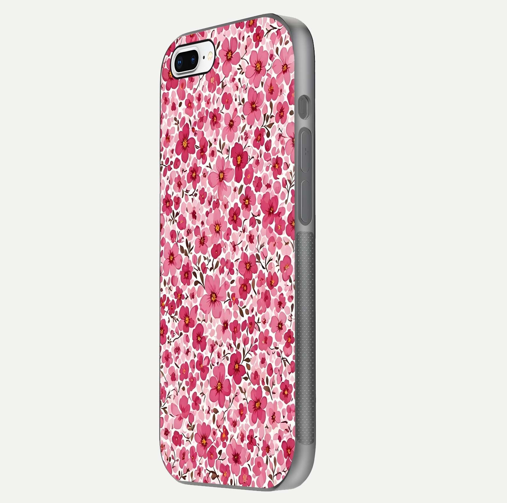 Cherry Blossom Charm Glass Case for iPhone 8 Plus side-angle image showing reflection gloss and soft texture