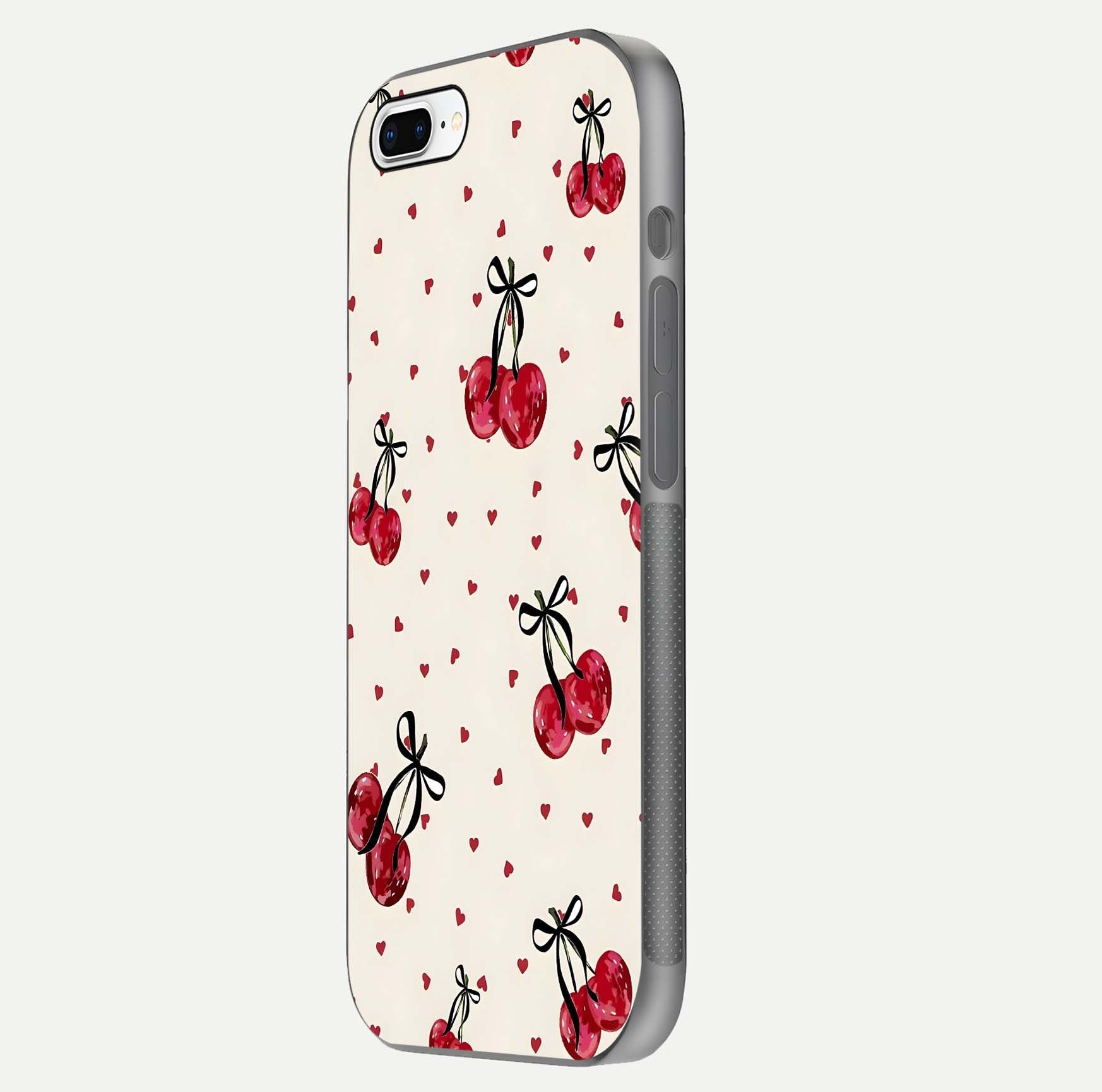 Cherry Heart Bow Glass Case for iPhone 8 Plus side-angle image capturing gloss texture and charm bow art