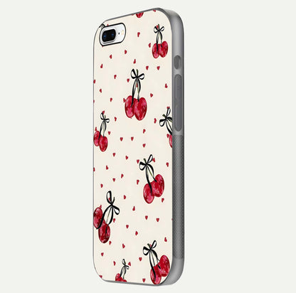 Cherry Heart Bow Glass Case for iPhone 8 Plus side-angle image capturing gloss texture and charm bow art