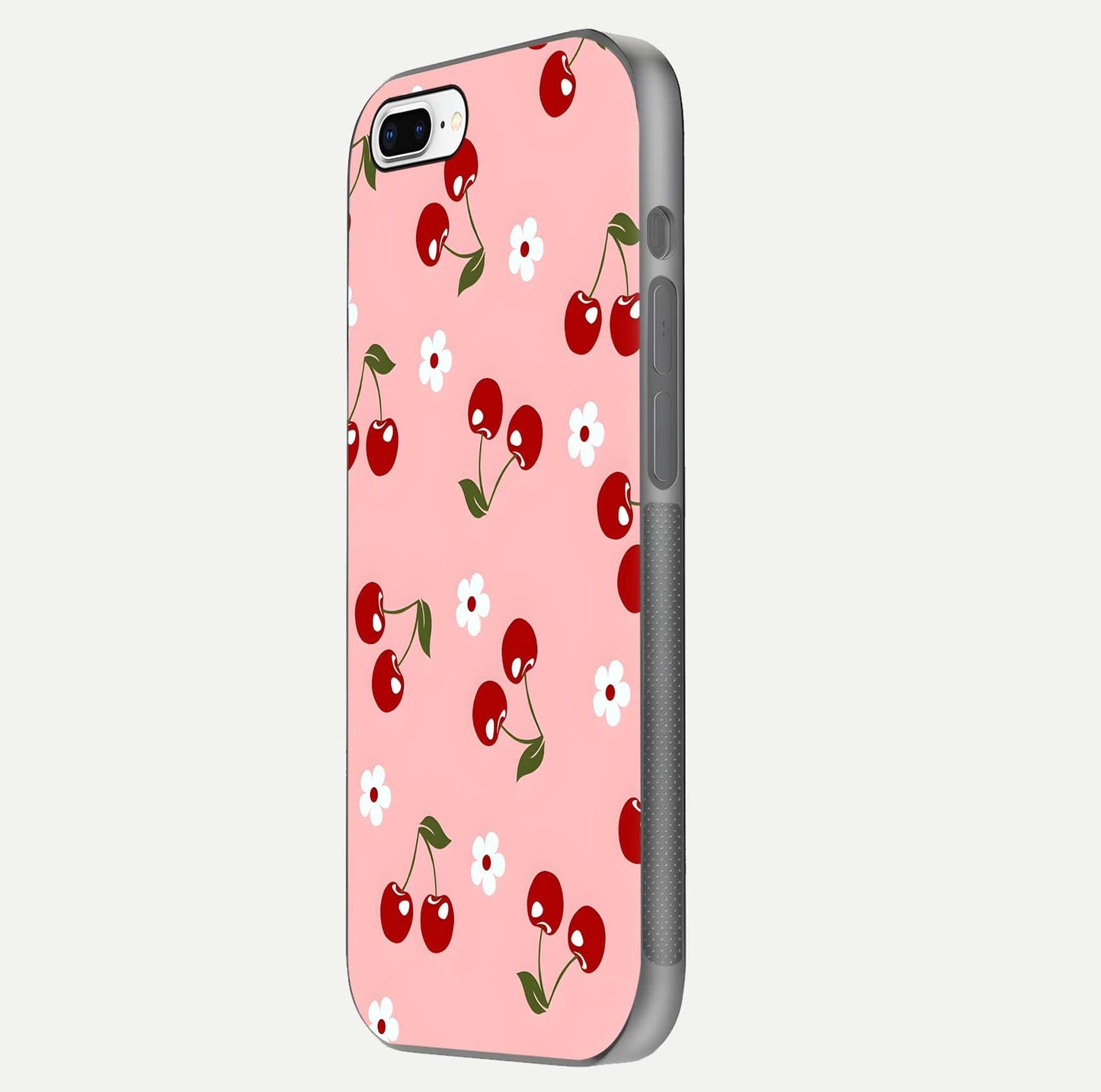 Cherry Love Mood Glass Case for iPhone 8 Plus side-angle image capturing smooth gloss and delicate details