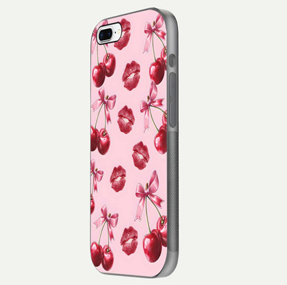 Cherry With Lips Glass Case for iPhone 8 Plus side-angle image showing gloss reflection and fine details