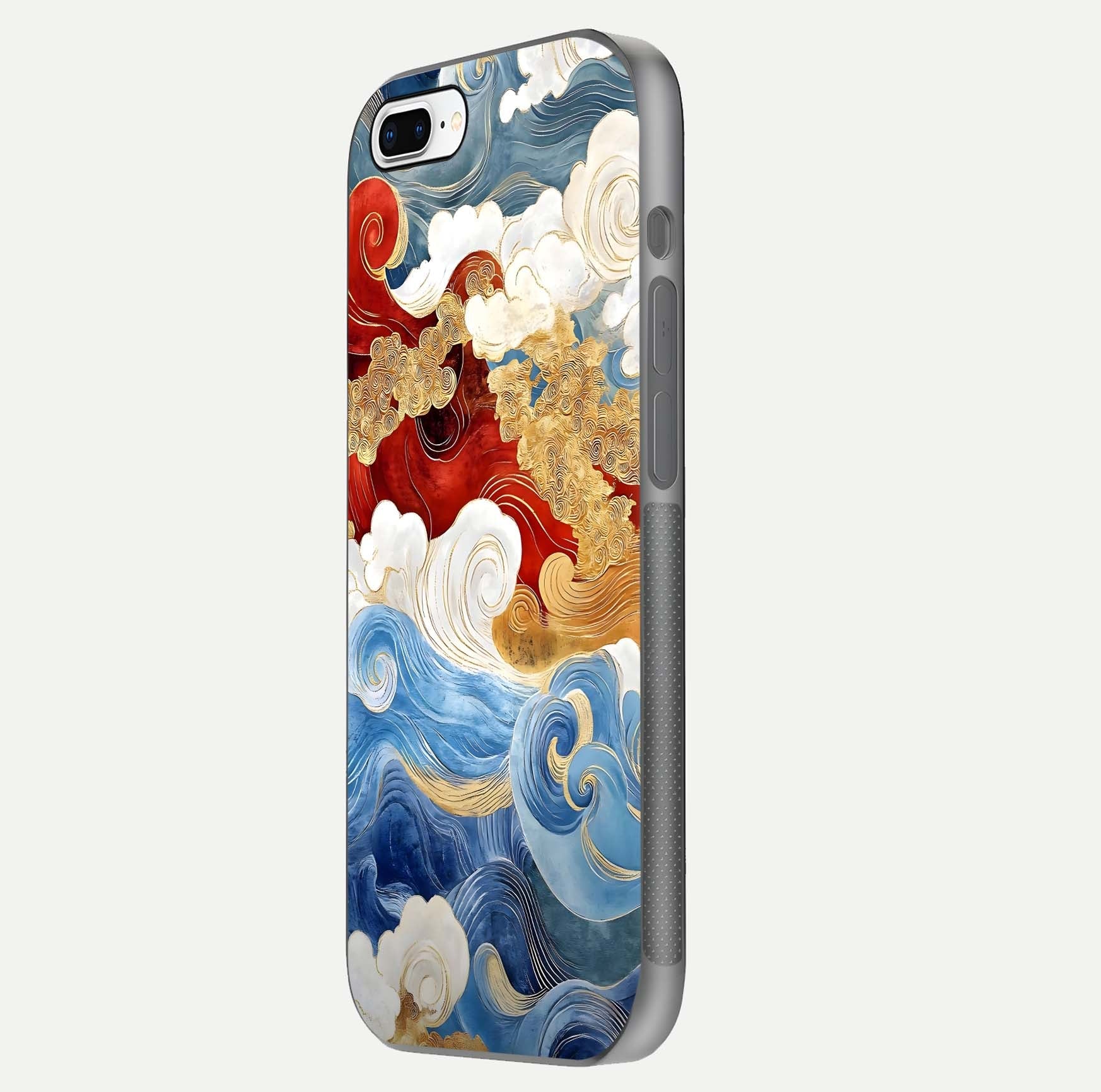Colored Waves Glass Case for iPhone 8 Plus side-angle image showing light reflection, edge design, and shine