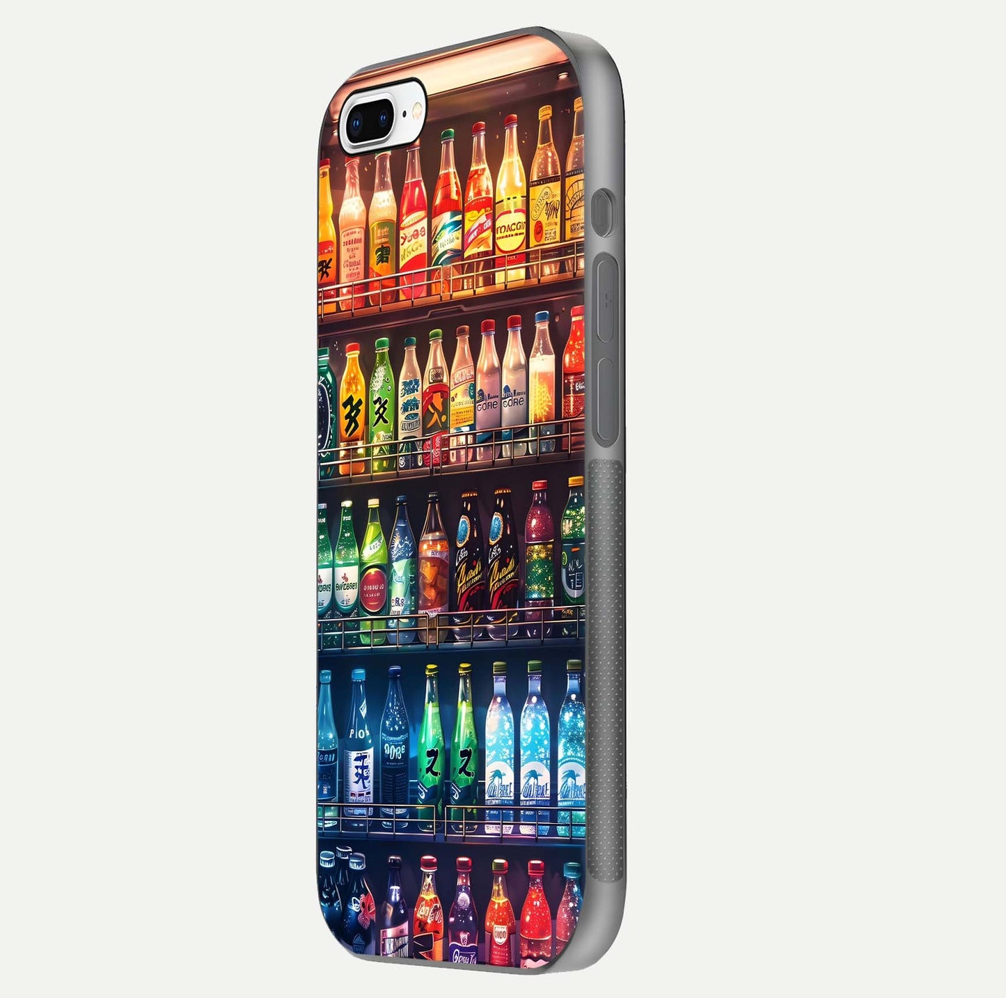Colorful Soda Bottles Glass Case for iPhone 8 Plus side-angle photo showing polish shine and texture depth