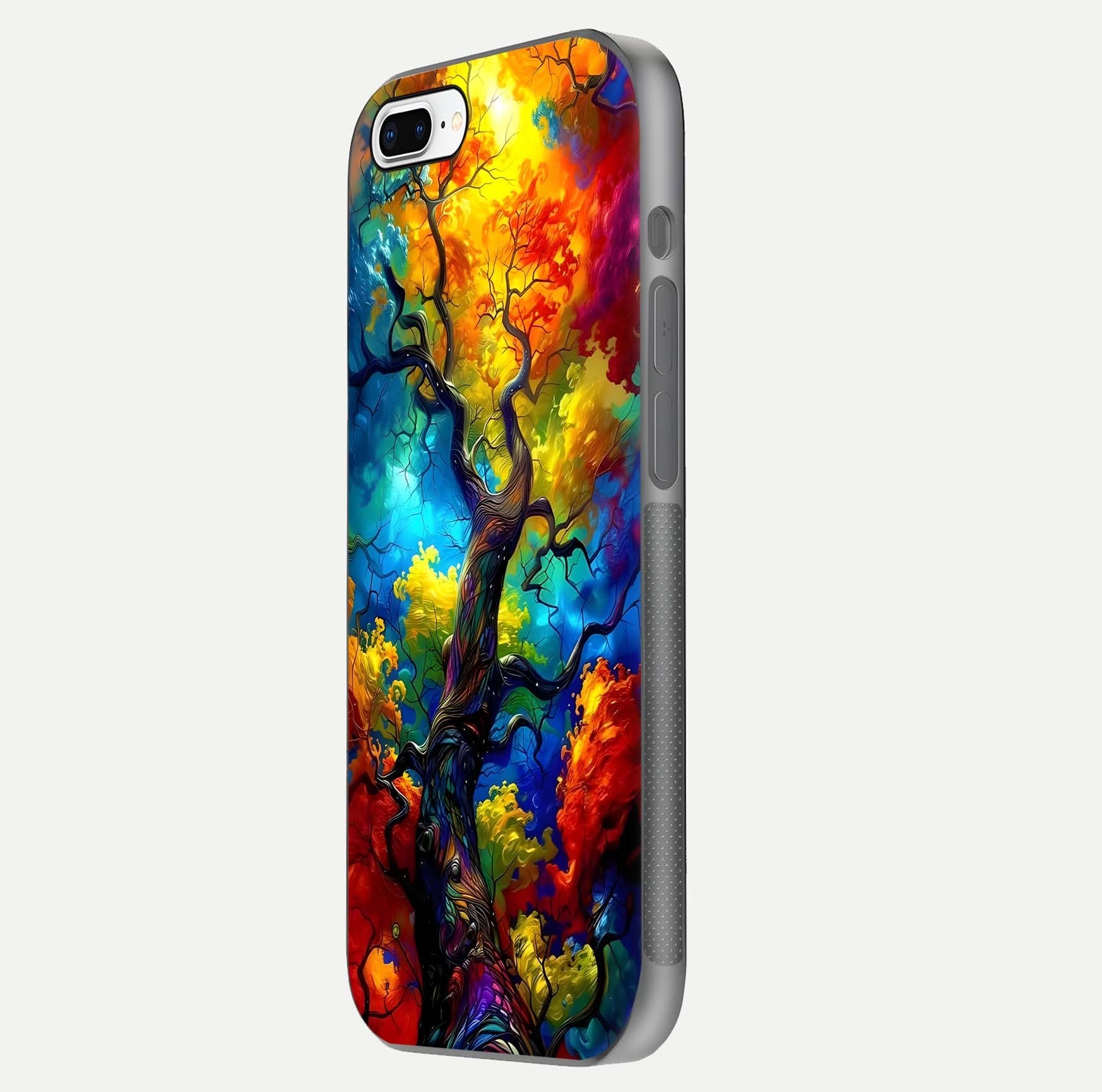 Colorful Tree Glass Case for iPhone 8 Plus side-angle image showing curve reflection and fine print texture