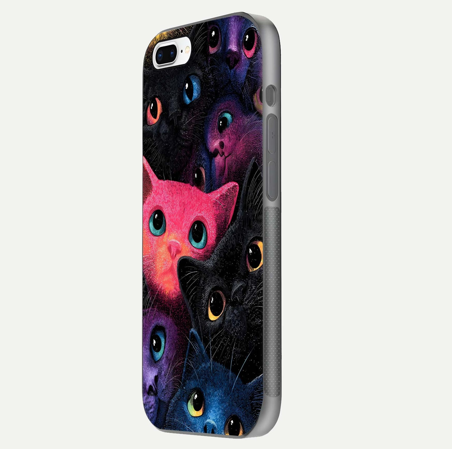 Cosmic Cats Dreams Glass Case for iPhone 8 Plus side-angle photo showing edge gloss and color depth