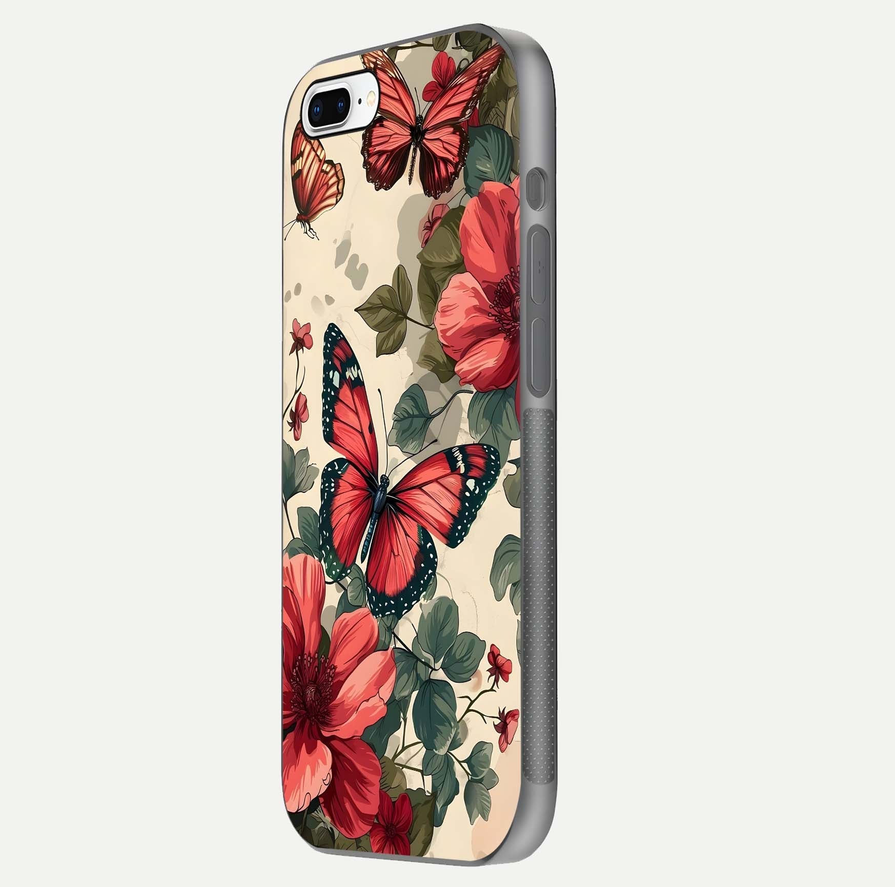 Crimson Butterfly Garden Glass Case for iPhone 8 Plus side-angle photo capturing gloss texture and soft tone