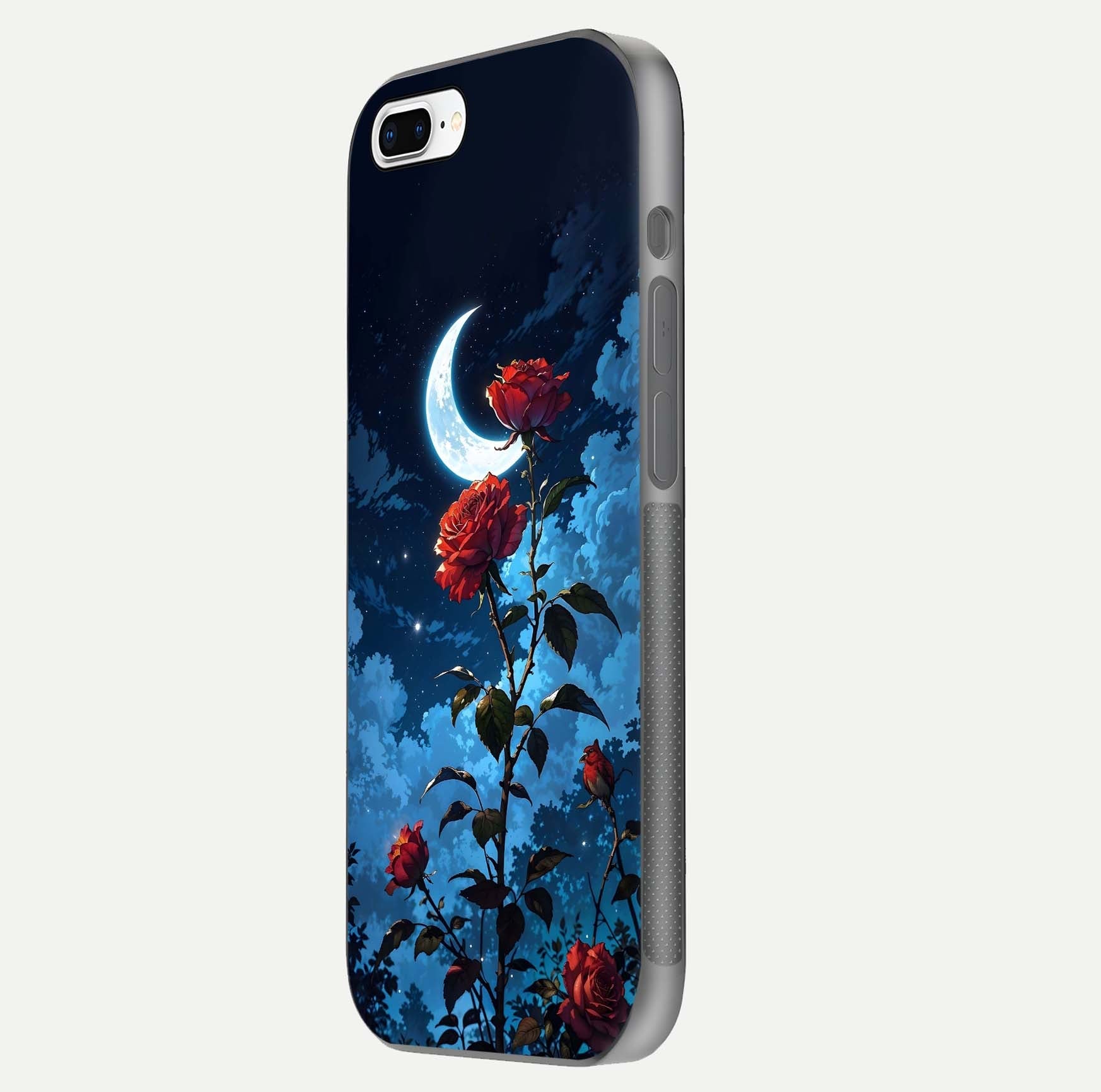 Crimson Rose Moon Glass Case for iPhone 8 Plus side-angle photo showing reflective texture and smooth curve