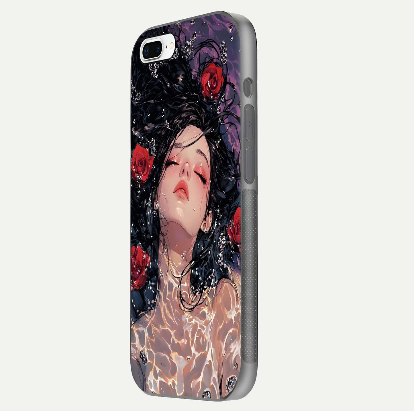 Crimson Rose Serenity Glass Case for iPhone 8 Plus side-angle photo showing glass reflection and soft edges