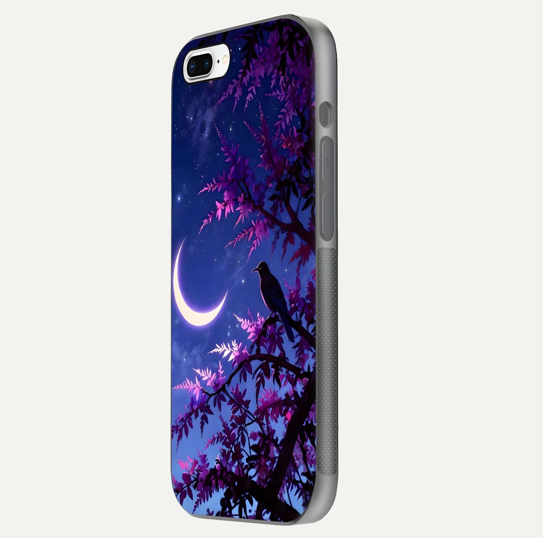 Crow & Moon Scenery Glass Case for iPhone 8 Plus side-angle photo capturing glossy shine and artistic contrast