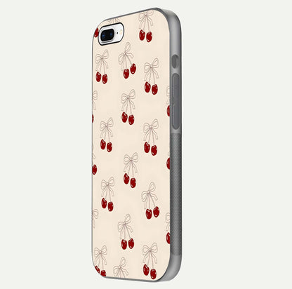 Cute Cherry Pattern Glass Case for iPhone 8 Plus side-angle photo highlighting gloss curve and pattern clarity