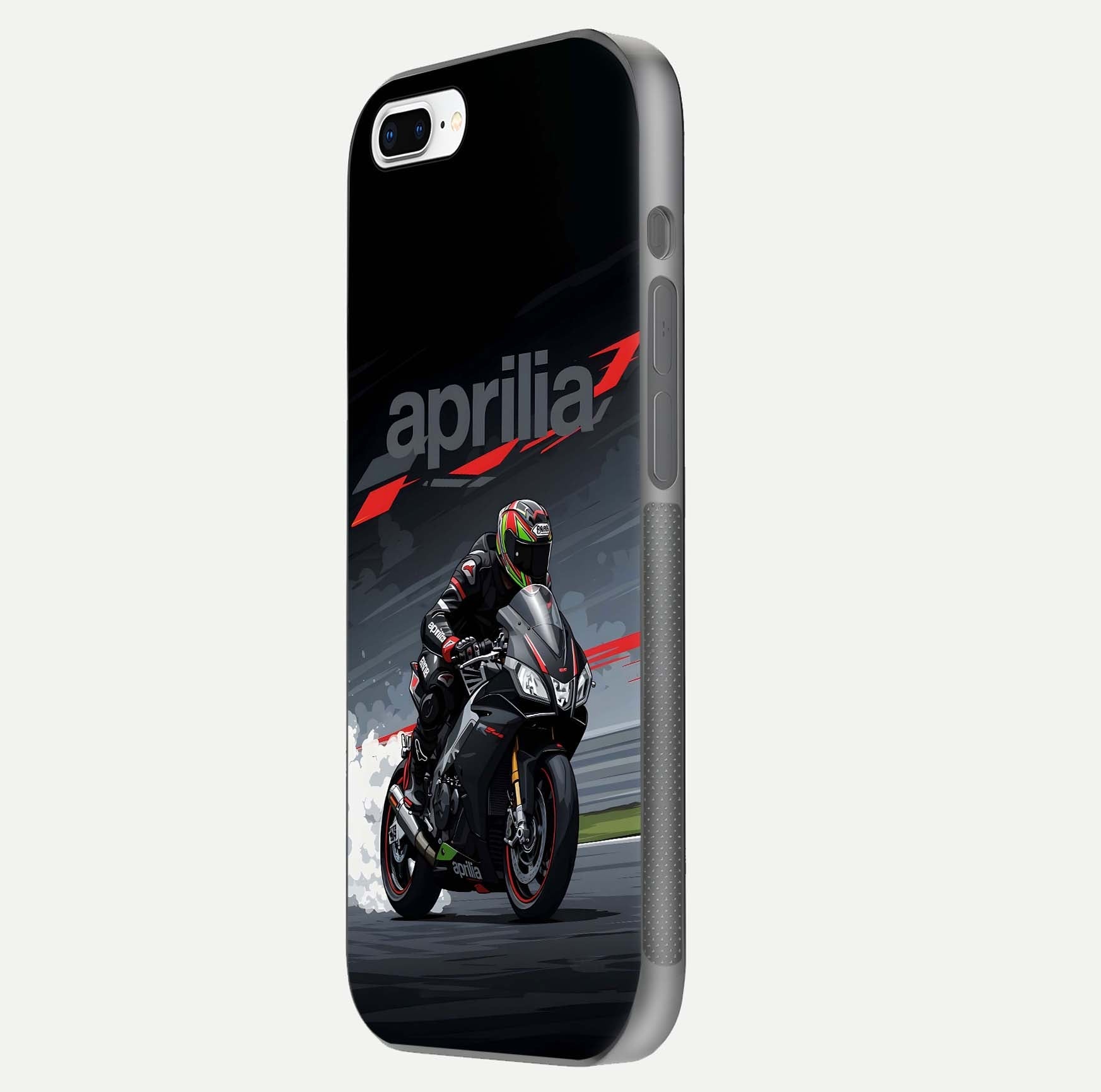 Dark Aprilla Glass Case for iPhone 8 Plus side-angle photo showing reflection gloss and curved edge finish