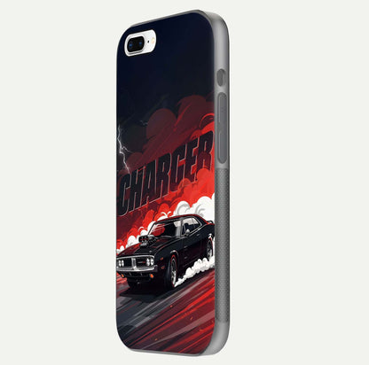 Dark Charger Fury Glass Case for iPhone 8 Plus side-angle image showing edge gloss and bold tone