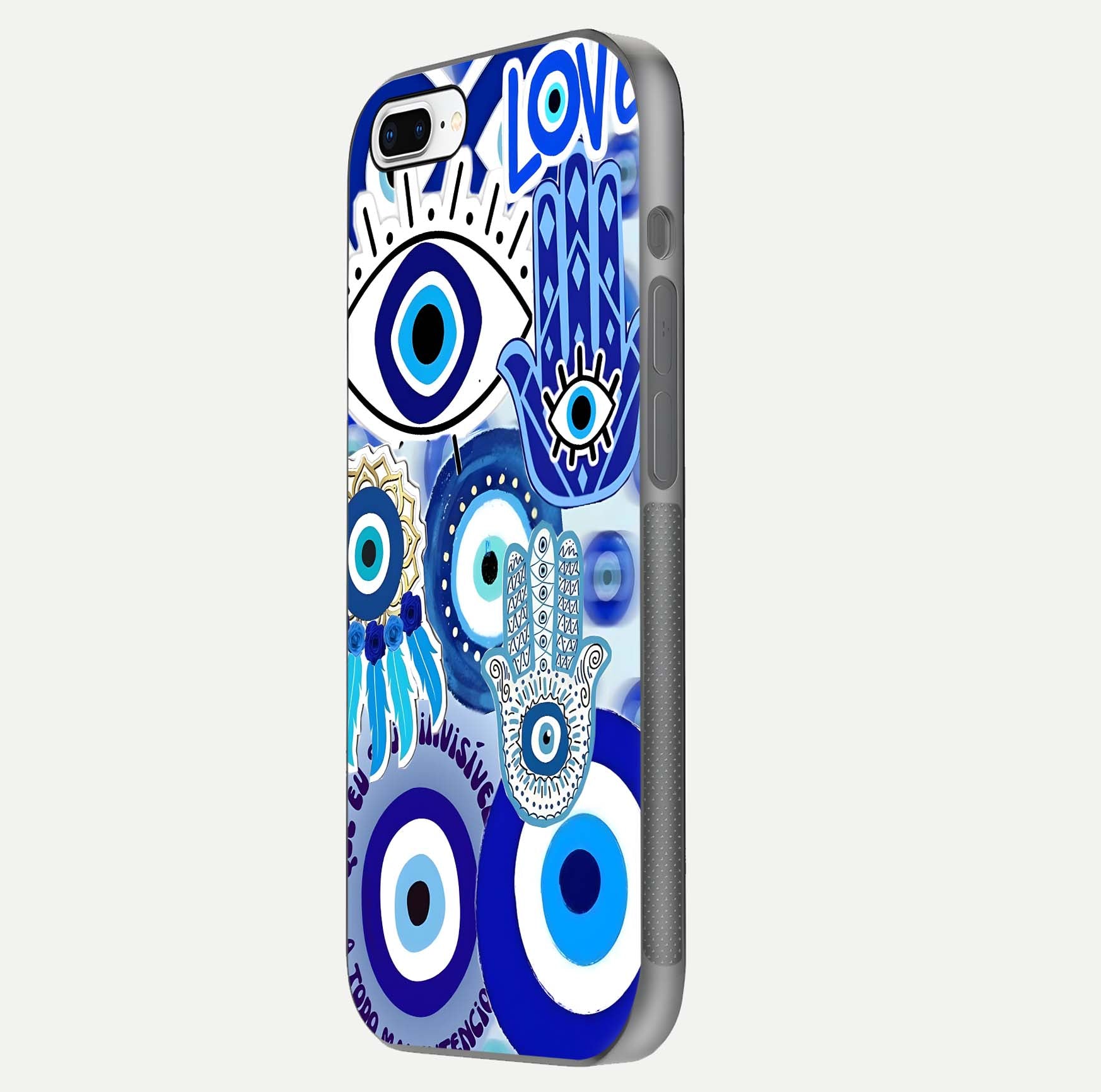 Evil Eyes Dream Glass Case for iPhone 8 Plus side-angle photo capturing smooth edges and reflective texture