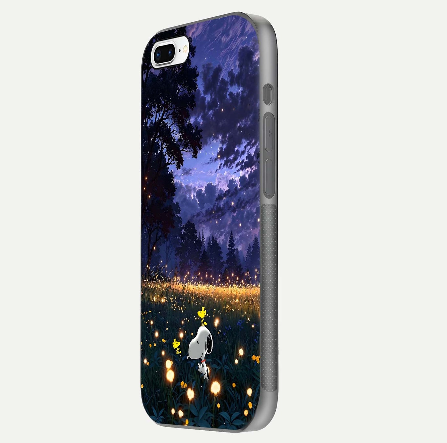 Firefly Meadow Magic Glass Case for iPhone 8 Plus side-angle image capturing glow reflection and fine texture