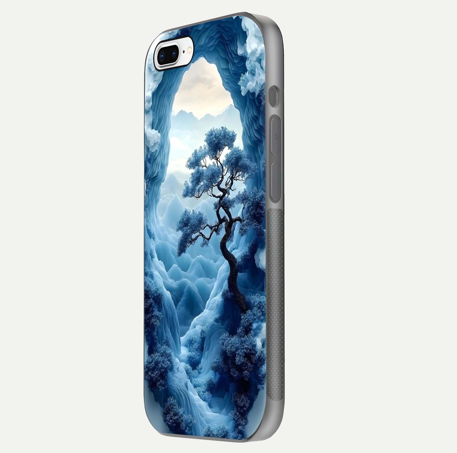Frozen Serenity Gate Glass Case for iPhone 8 Plus side-angle photo showing reflective surface and cold tones