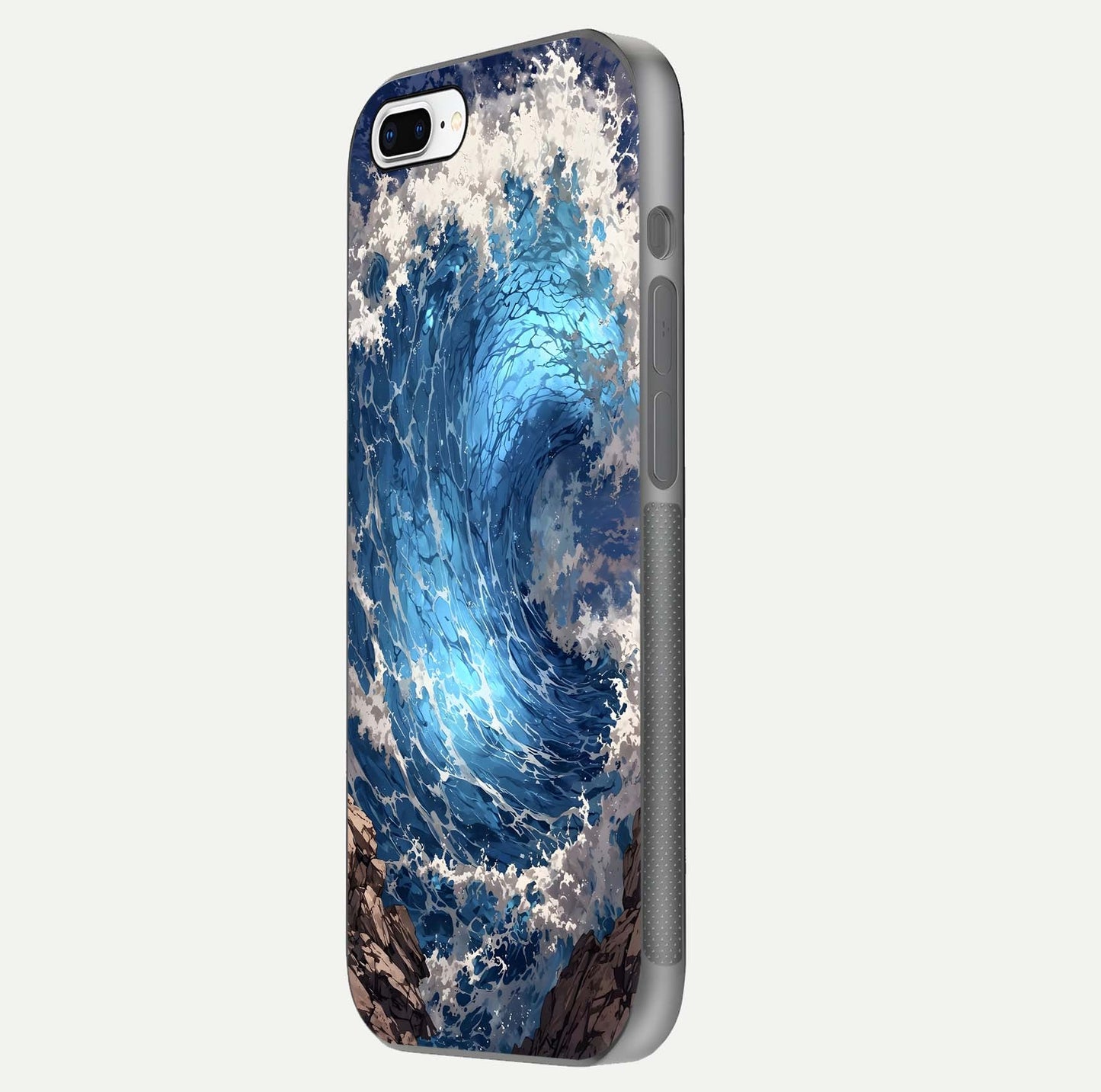 Giant Ocean Wave Glass Case for iPhone 8 Plus side-angle image showing light reflection and ocean detail