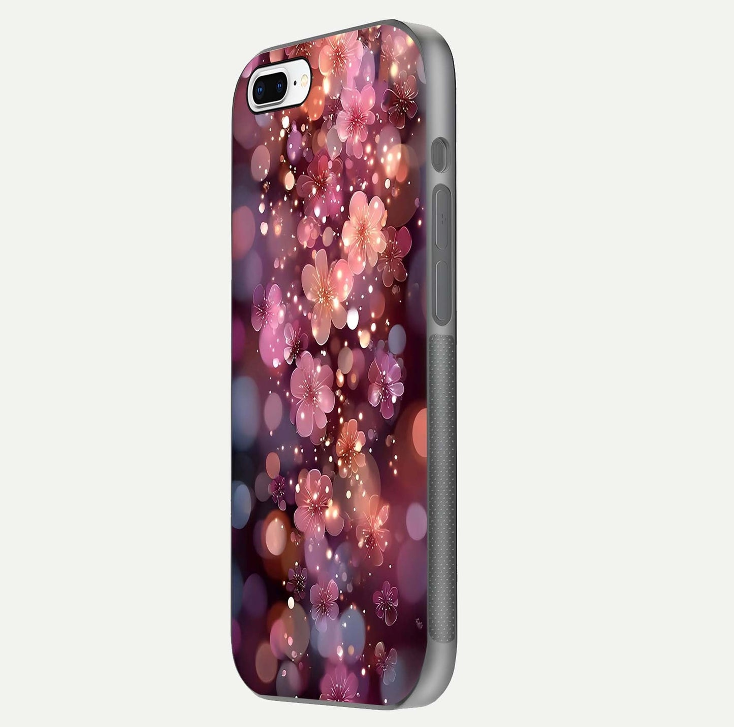 Glowing Petal Bliss Glass Case for iPhone 8 Plus side-angle image showing light reflection and soft floral texture