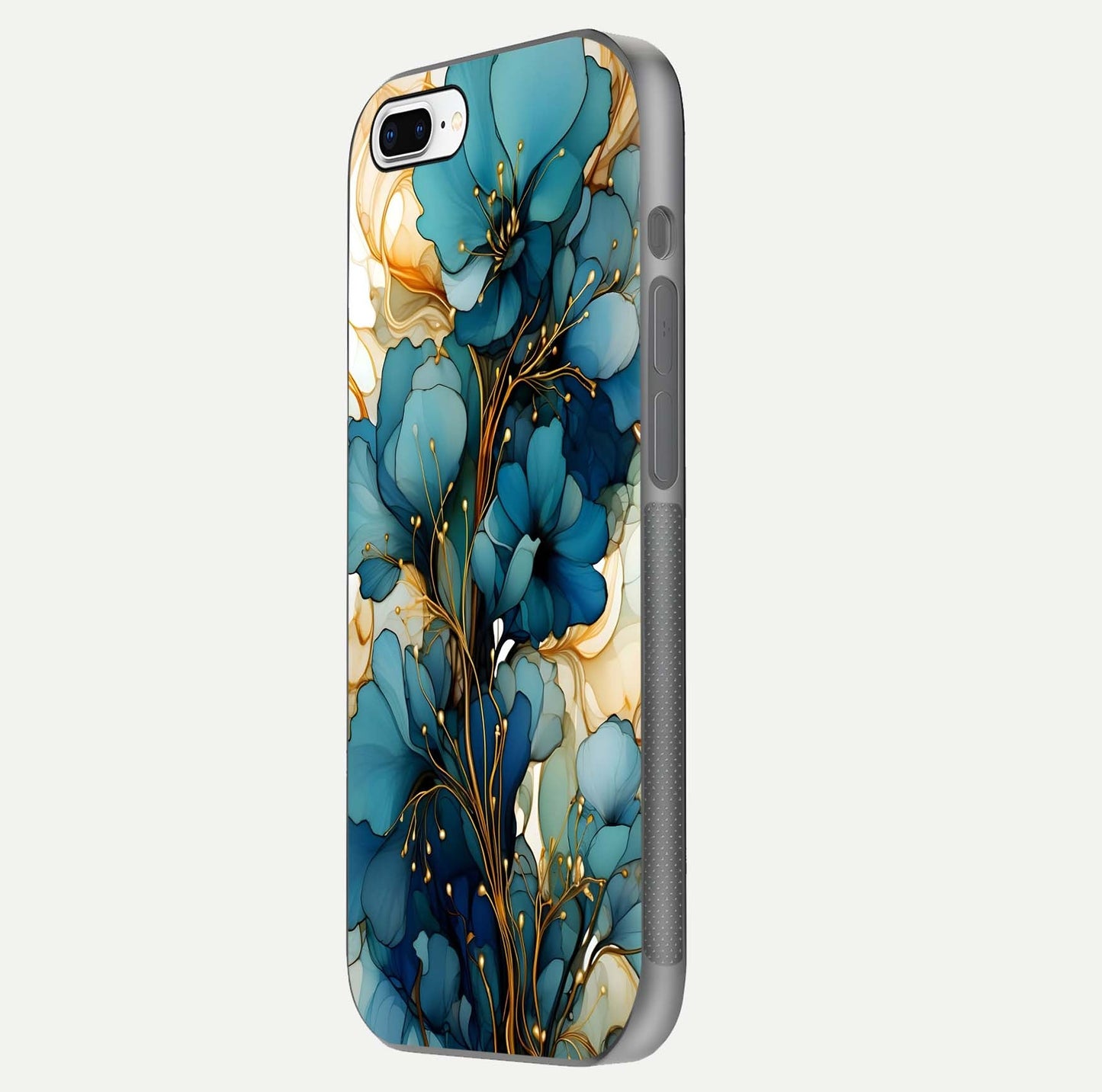 Golden Bloom Symphony Glass Case for iPhone 8 Plus side-angle image showing golden glow, light reflection, and premium surface