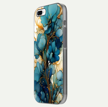 Golden Bloom Symphony Glass Case for iPhone 8 Plus side-angle image showing golden glow, light reflection, and premium surface