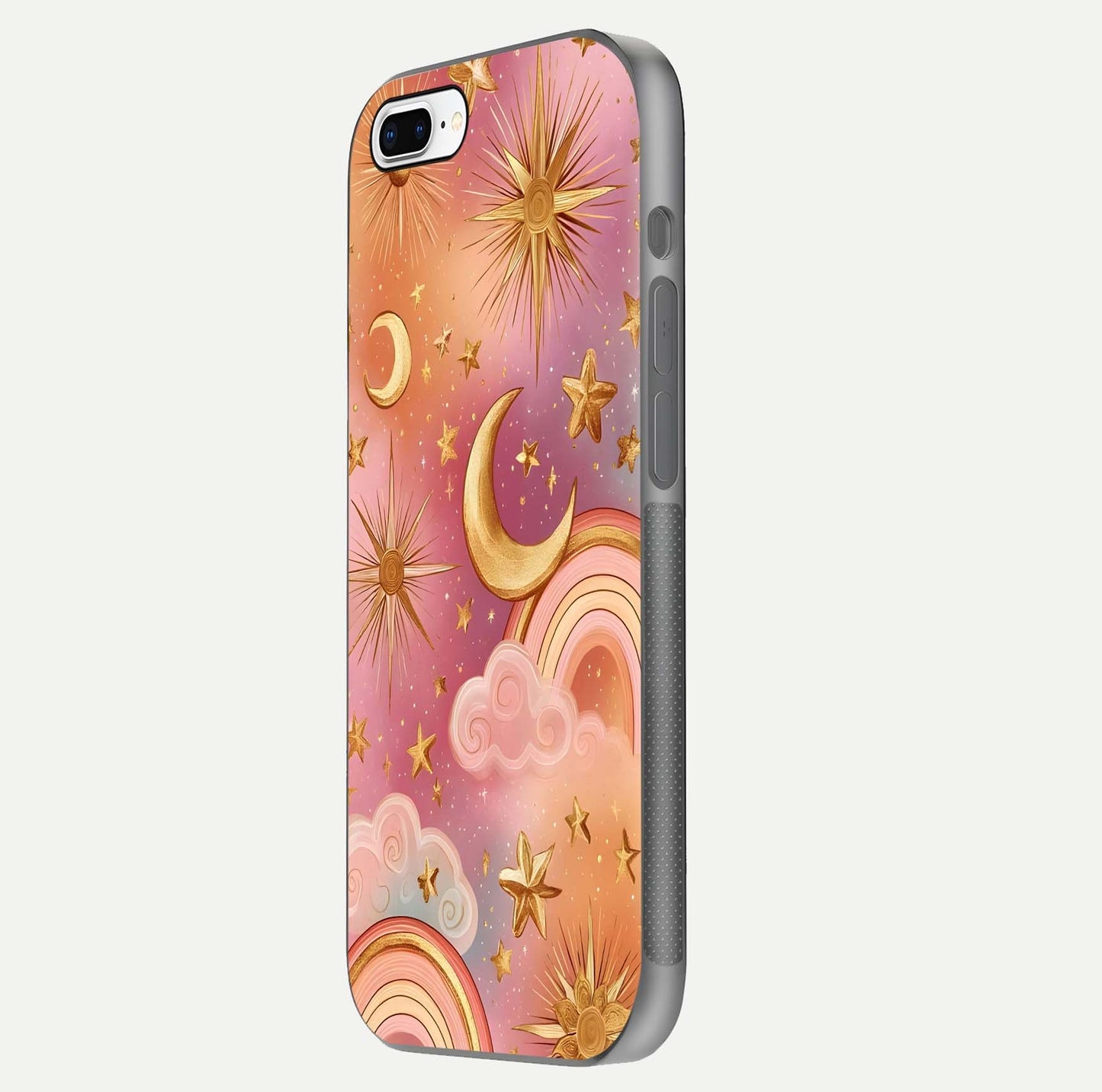 Golden Celestial Dreams Glass Case for iPhone 8 Plus side-angle image capturing reflection brightness and starry detail