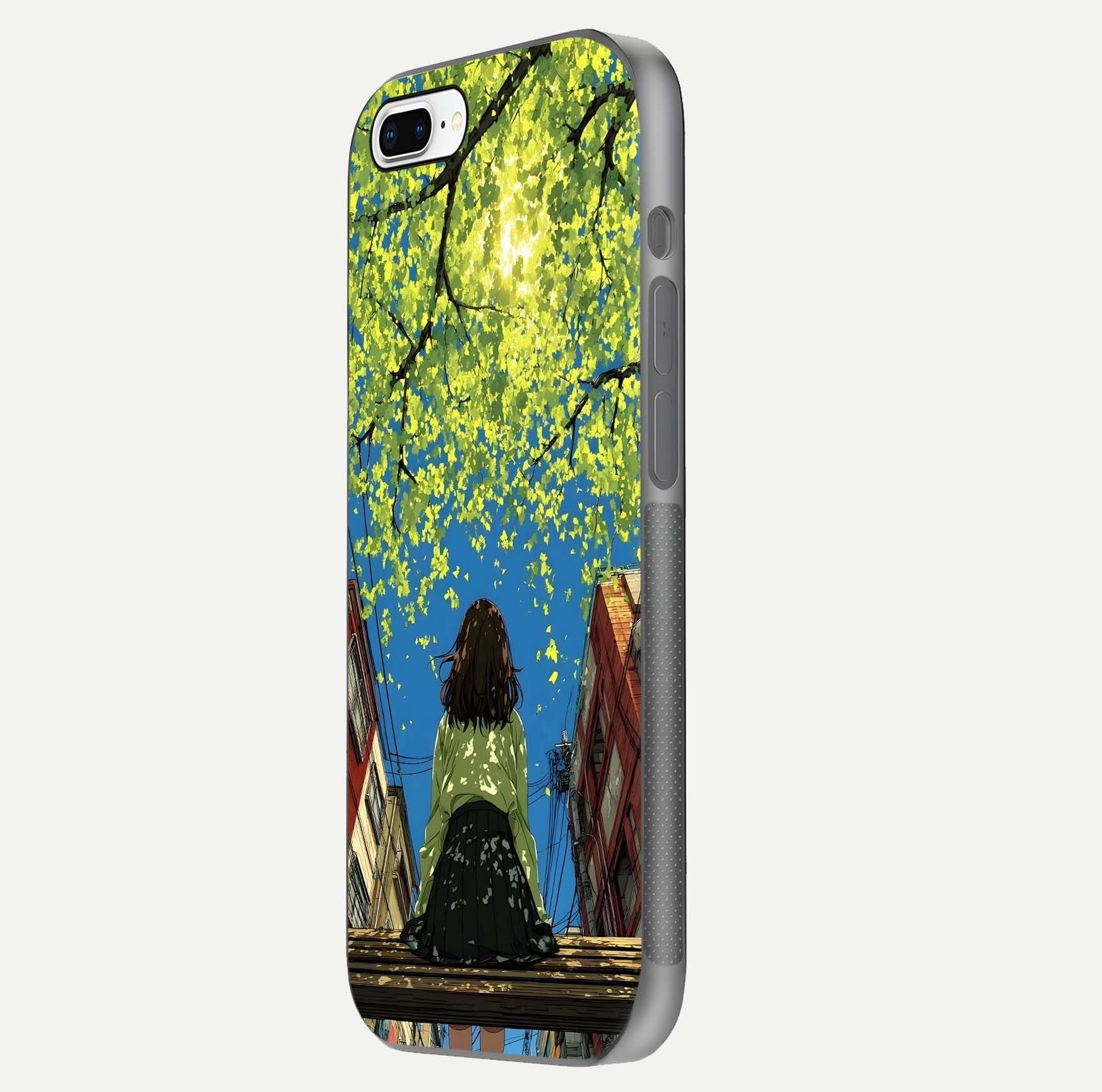 Golden Leaves Glow Glass Case for iPhone 8 Plus side-angle image showing reflection polish and elegant pattern