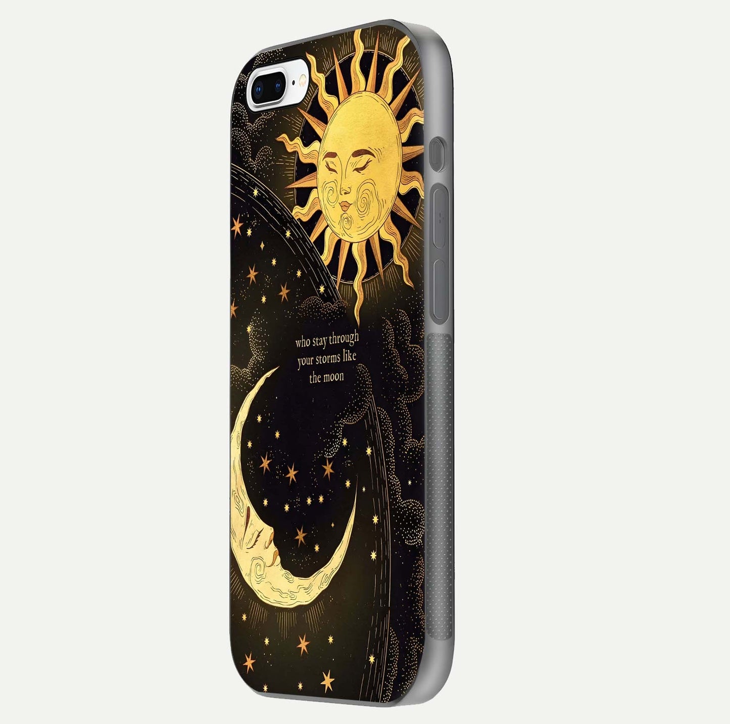 Golden Lunar Love Glass Case for iPhone 8 Plus side-angle image showing reflection brilliance and smooth golden tone