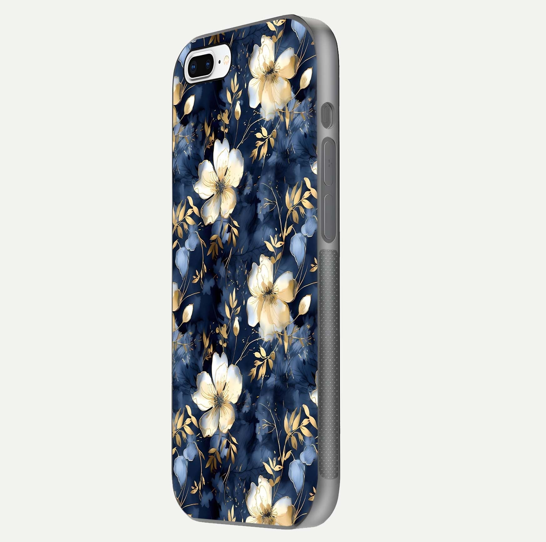 Golden Midnight Bloom Glass Case for iPhone 8 Plus side-angle image showing shine depth and elegant edge design